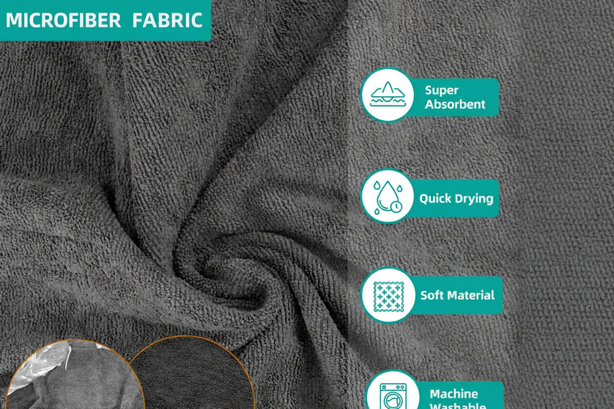 Grey dog bathrobe with orange piping, featuring icons for super absorbent, quick drying, soft material, and machine washable.
