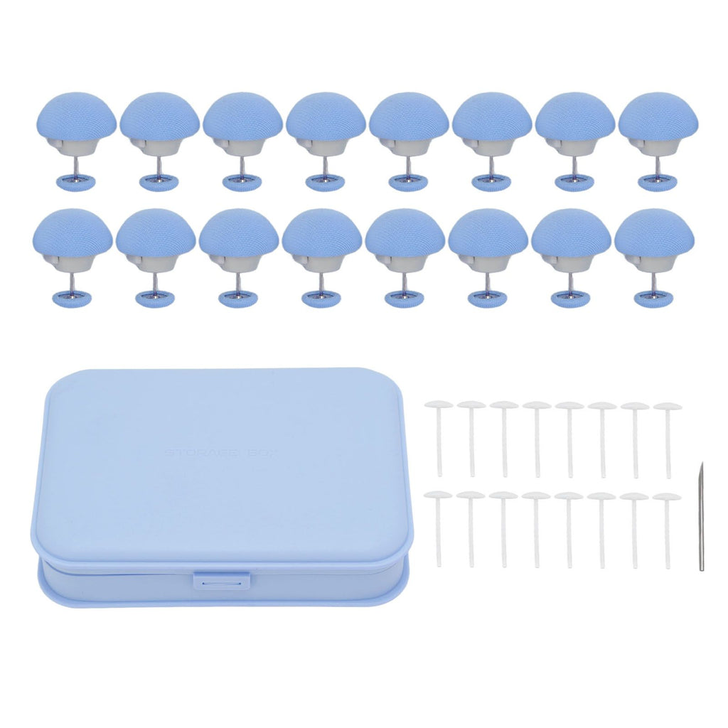 16 blue Donna cover fixing clips arranged in two rows with a compact storage case and a visible needle for sewing.