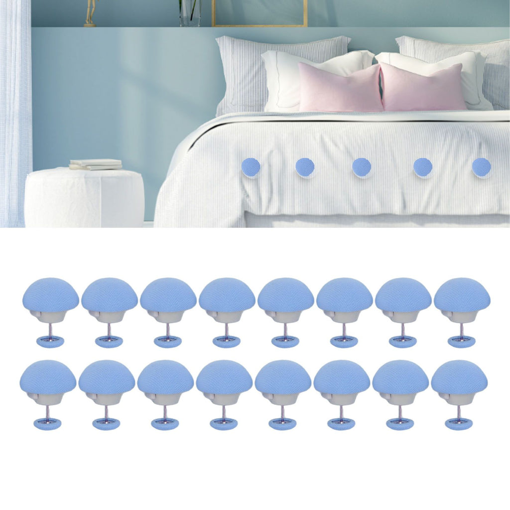 Blue Donna Cover Fixing Clips arranged in two rows, displayed with a quilt and cushions for securing bedding items.