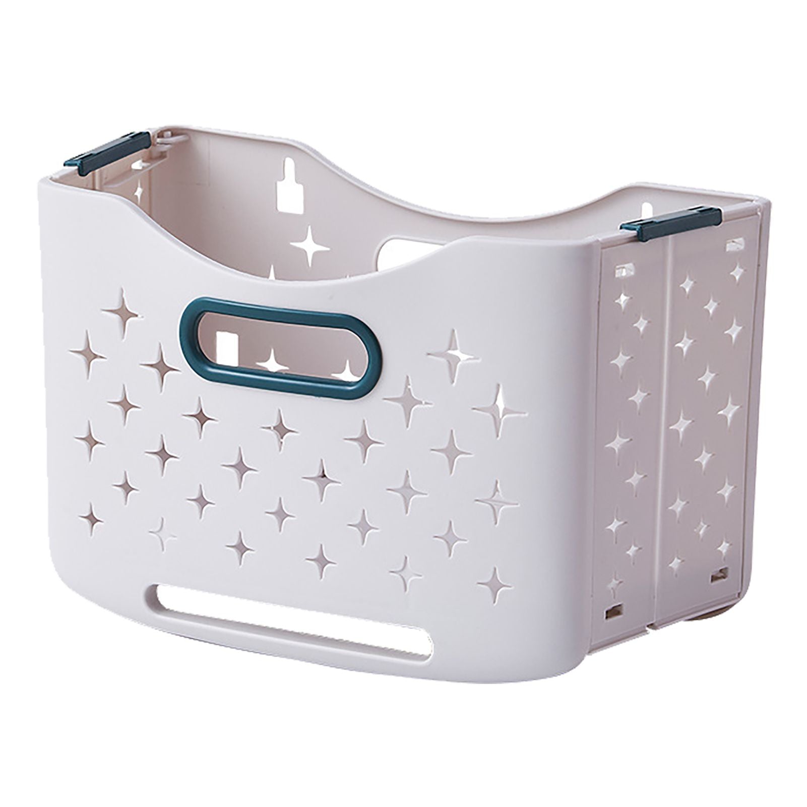 Collapsible laundry basket with ventilation holes and ergonomic handles, featuring a light color and star pattern.