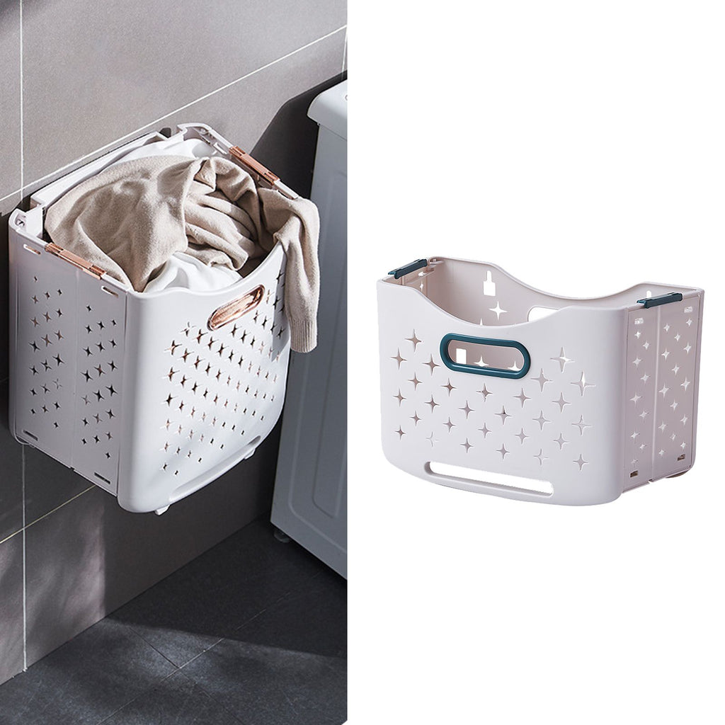 Collapsible laundry basket with ventilation holes, holding laundry, positioned against a wall.