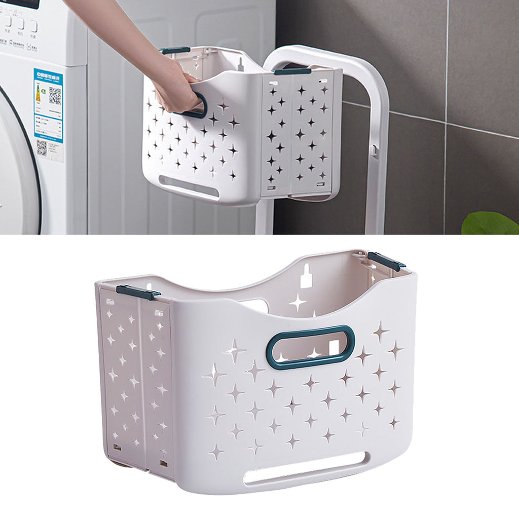 Collapsible laundry basket with ventilation holes and ergonomic handle, designed for portability and easy storage.