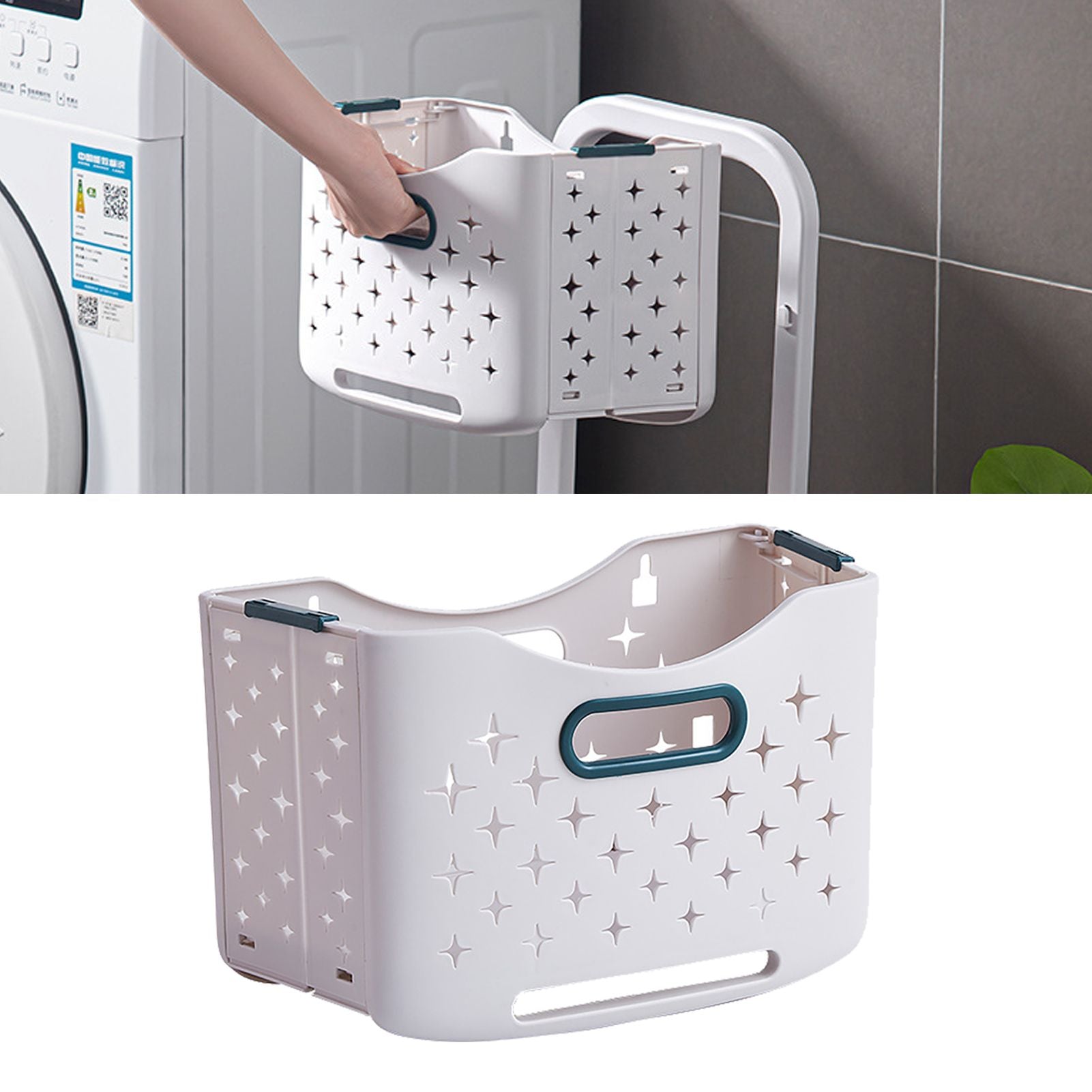 Collapsible laundry basket with ventilation holes and ergonomic handle, designed for portability and easy storage.