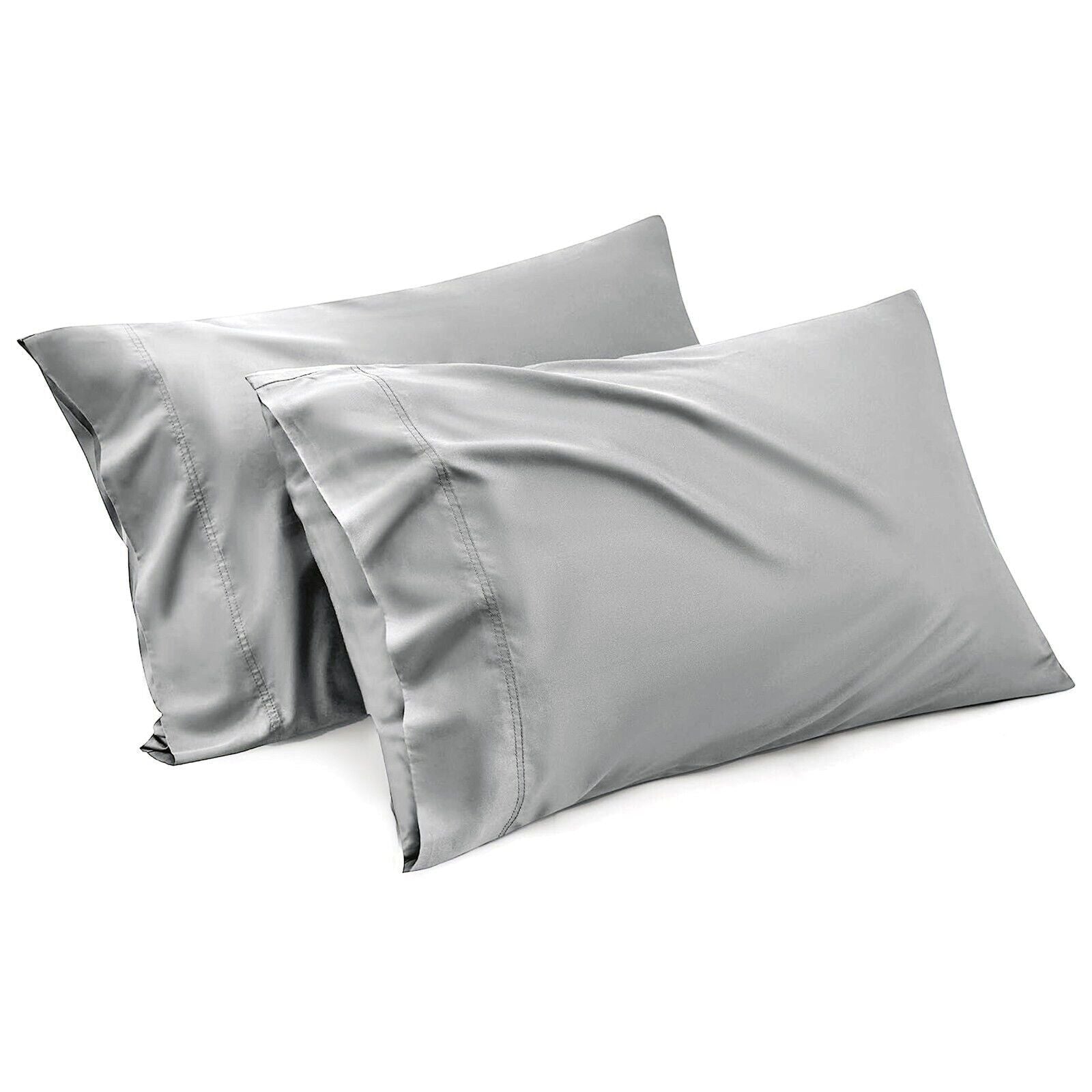 Silver-gray pillowcases with envelope-style closure, showcasing a smooth surface and standard size.
