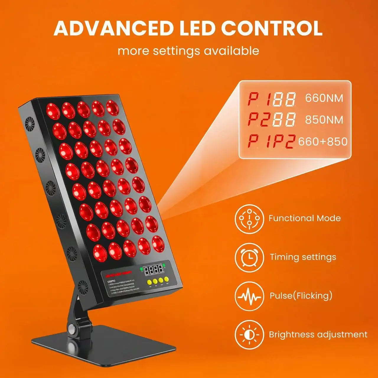 LED therapy panel with multiple red lights, adjustable positioning, and digital display for skin care treatments.