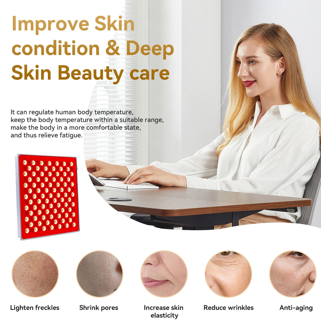 Red light therapy panel in use on a person's face, showcasing skin benefits like wrinkle reduction and improved skin condition.